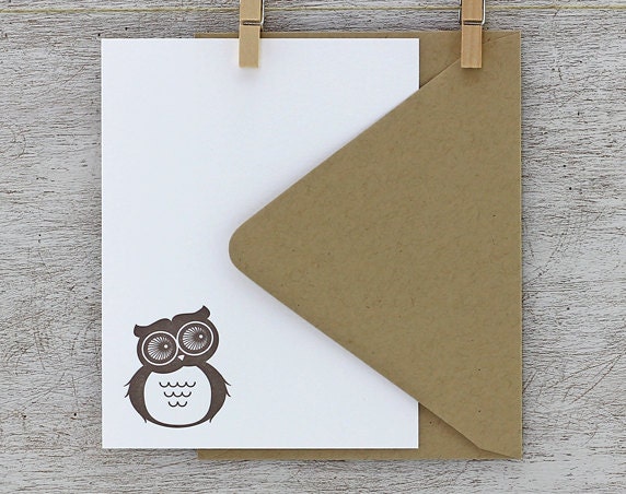Hoot Owl Cute Letterpress Note Card Set - Mocha Dark Brown - Summer, Autumn, 10 pack (NHL01)