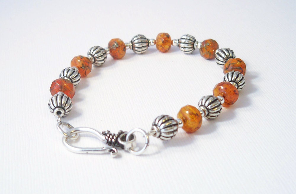 Pumpkin Colored Glass Beaded Bracelet, Czech Glass Beaded Bracelet, Handcrafted Jewelry