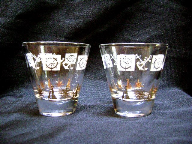 Two Vintage Nautical Drinking Glasses, Cocktails, Orange Juice Whiskey, Barware, 60s retro, Mid Century, Anchors Away Sailboat
