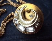 Vintage Rhinestone Locket Necklace Repurposed Jewelry Clear Crystal Glass Mystical Style