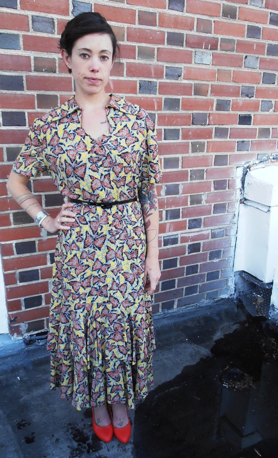 Grey and Yellow Butterfly Forties Swing Dress WWII Era Unique Fancy Dress M/L