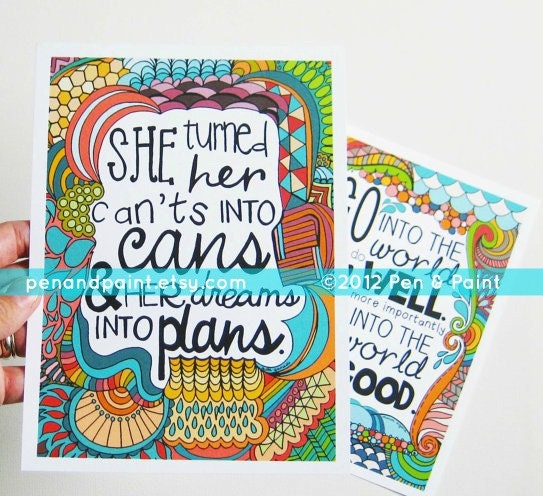 TWO 5 x 7 Art Prints, Graduation Gift, Illustration, Inspiring Quote, Girls Room, She Turned Her Dreams Into Plans, Kobi Yamada
