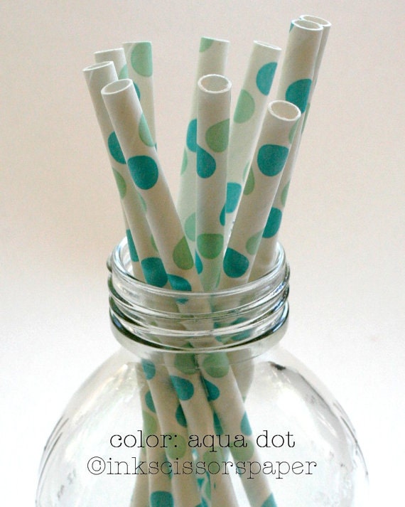40 Aqua and Green Dot Paper Straws in Clear Box - Perfect for Parties - Favors--Free Editable DIY Tags PDF