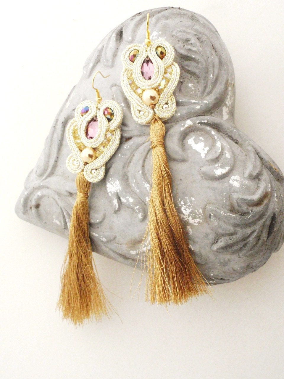 Long  tassel rose earrings , 14 k Gold filled beads , Swarovski purple earrings "ARABESQUE "  , statement earrings , gold and pink earrings