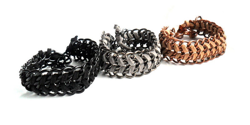 Leather Chain Bracelet Chevron suede leather chunky chain Copper,Gunmetal, Black Monochromatic