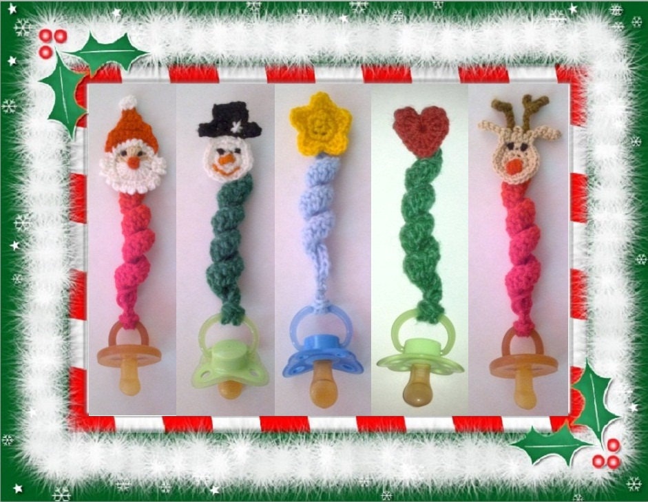 5 Different Pacifier Holder with Christmas Appliques - PDF Crochet Pattern  101