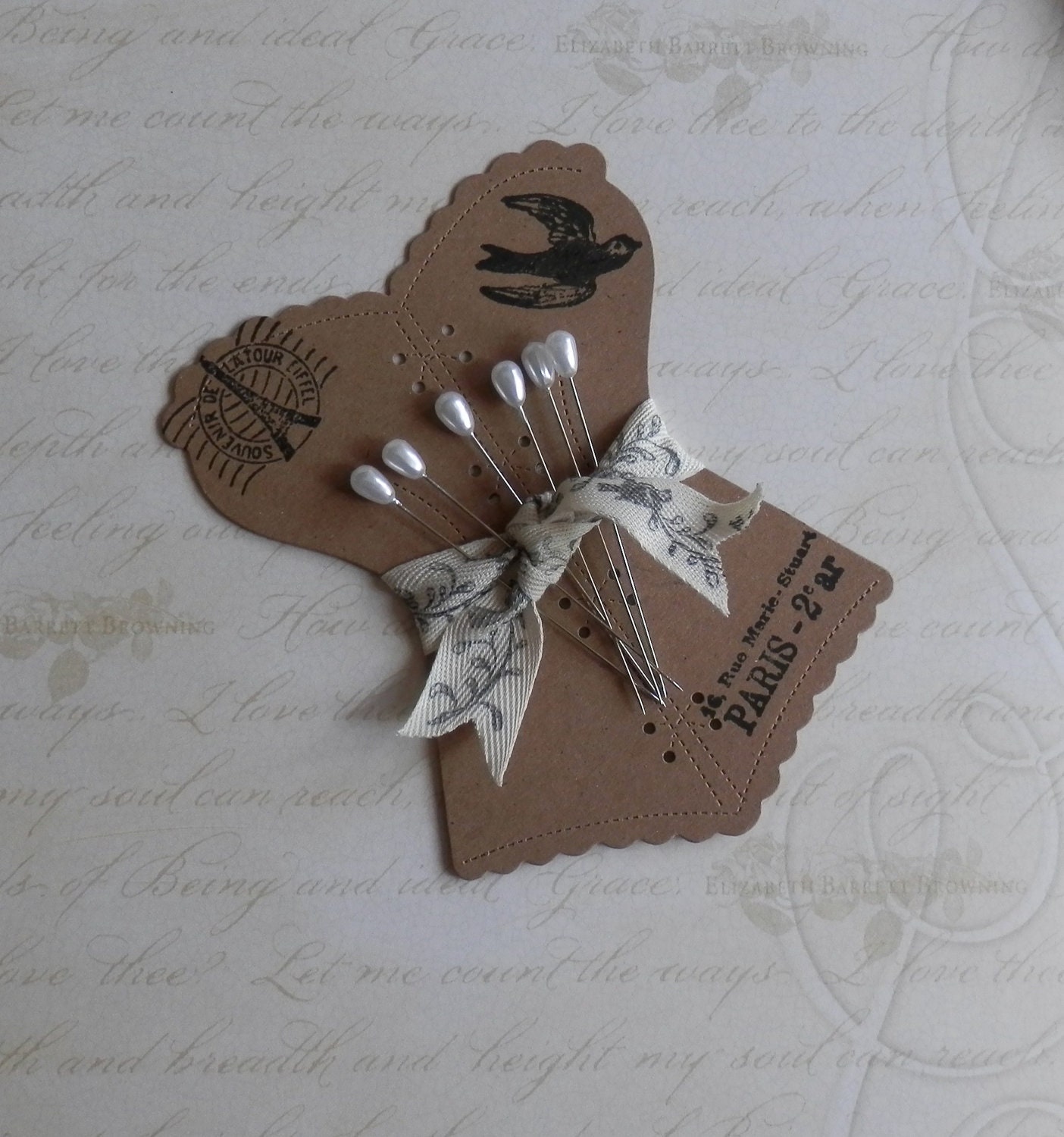 french corset card with 6 pearl corsage pins