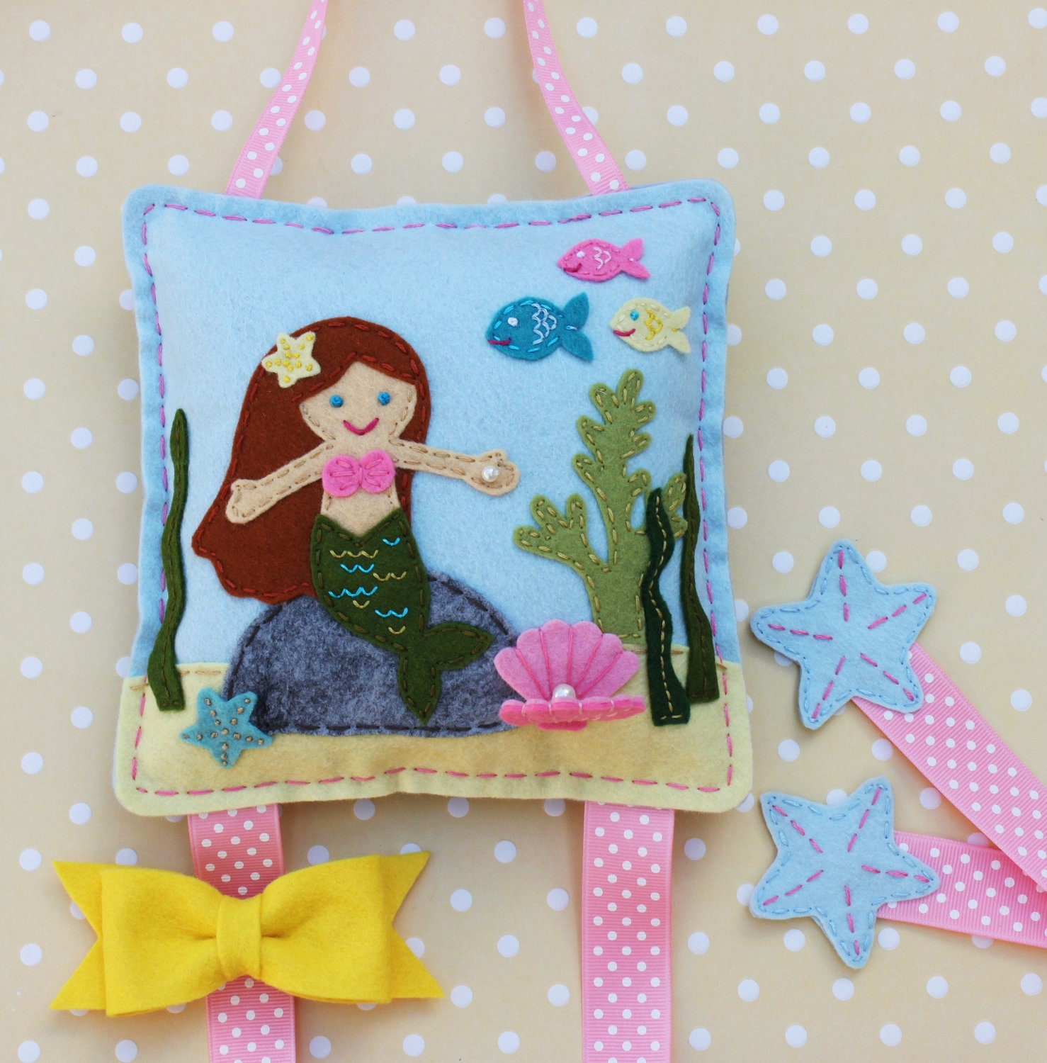 Mermaid Felt Hair Bow Holder, Blue, Pink Under water