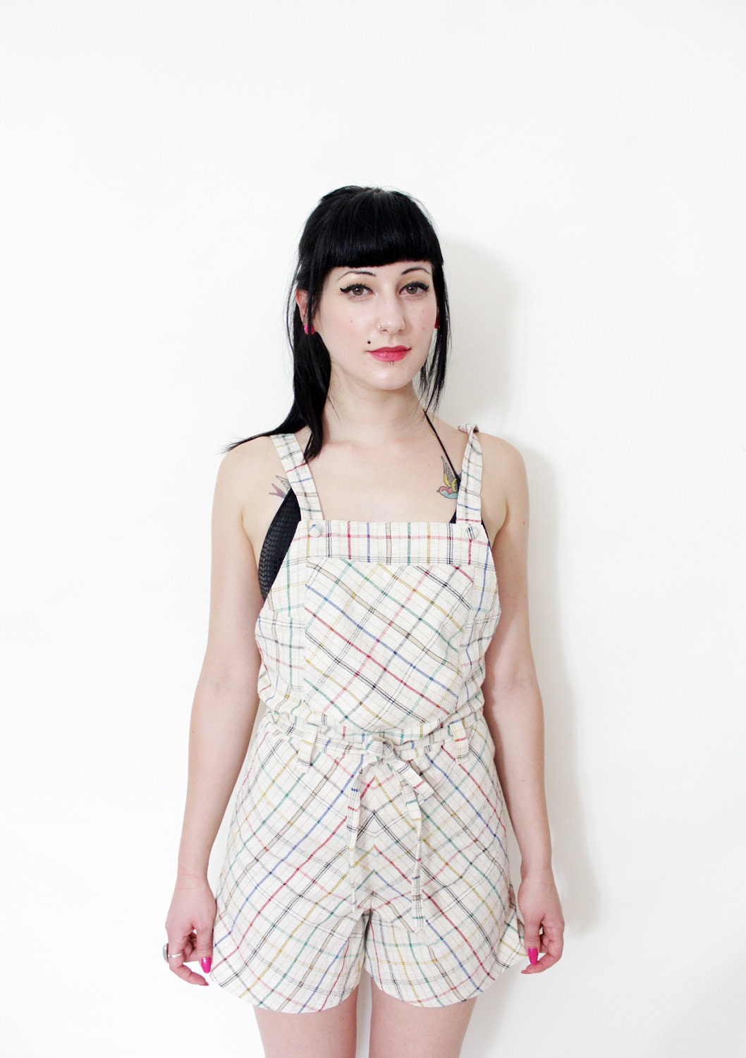 Vintage jumpsuit / 70s beige checked short romper / size S