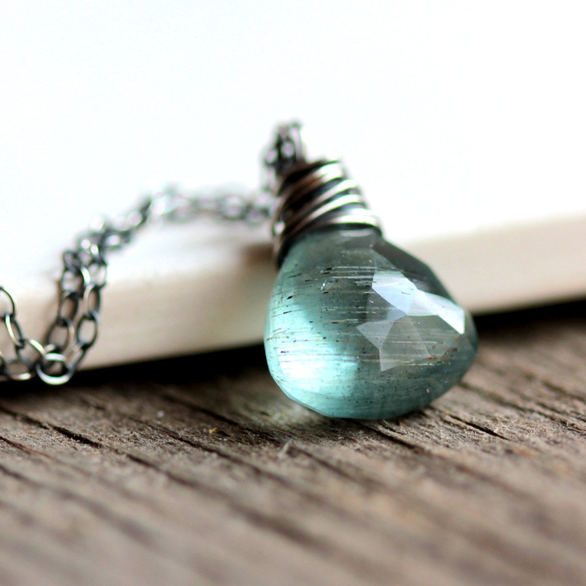 March Birthstone Necklace Moss Aquamarine Triangle Gemstone on Sterling Silver Blue Aqua Turquoise - Bermuda Triangle