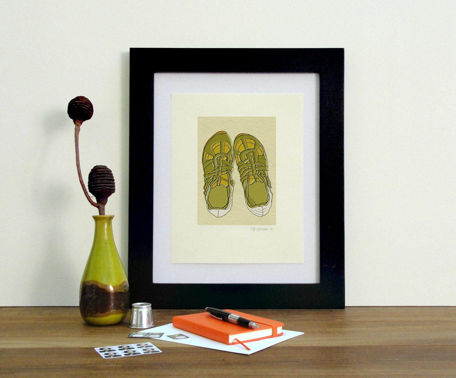 olive and yellow diesel sneakers illustrated art print, buy one get one free