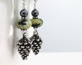 Earrings. pewter pinecones, yellow turquoise, sterling silver - CircleofLifeVA