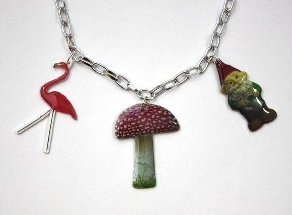 Garden Gnome, Flamingo and Mushroom Charms on a Silver Plated Chain