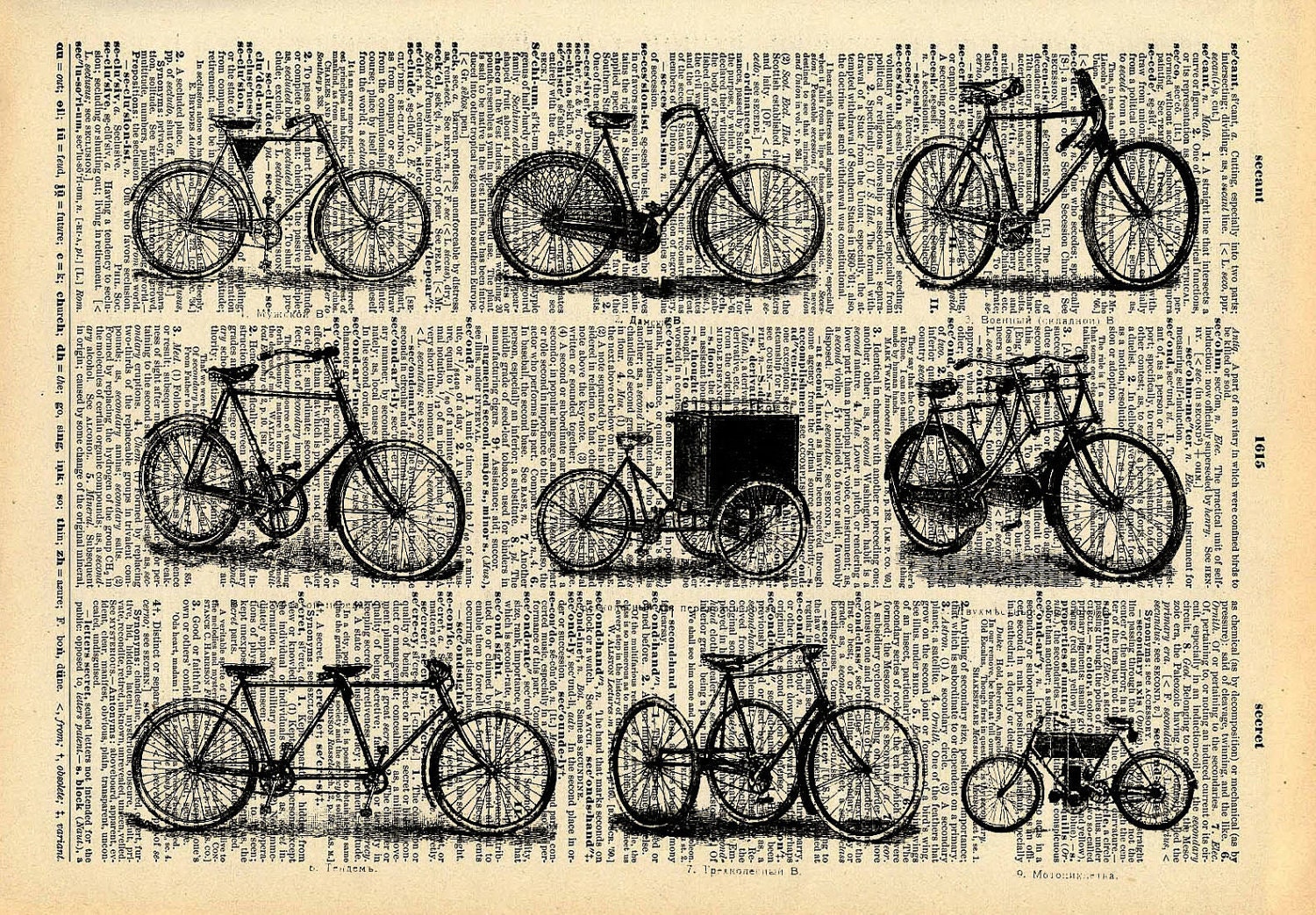 Old Book Art Print - Vintage Bicycle - Upcycled Antique Book Print - Kistch Vintage Bike Art - Black and White Art Print