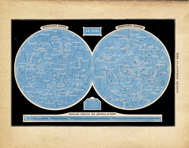Vintage Constellations Print "Le Ciel" Outer Space Nautical Stars Zodiac Star Chart Illustration