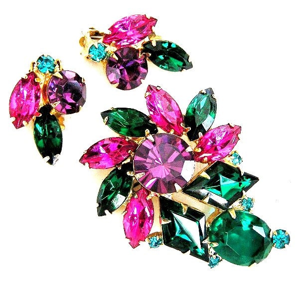 Emerald, Fuchsia and Amethyst Rhinestone Demi Parure