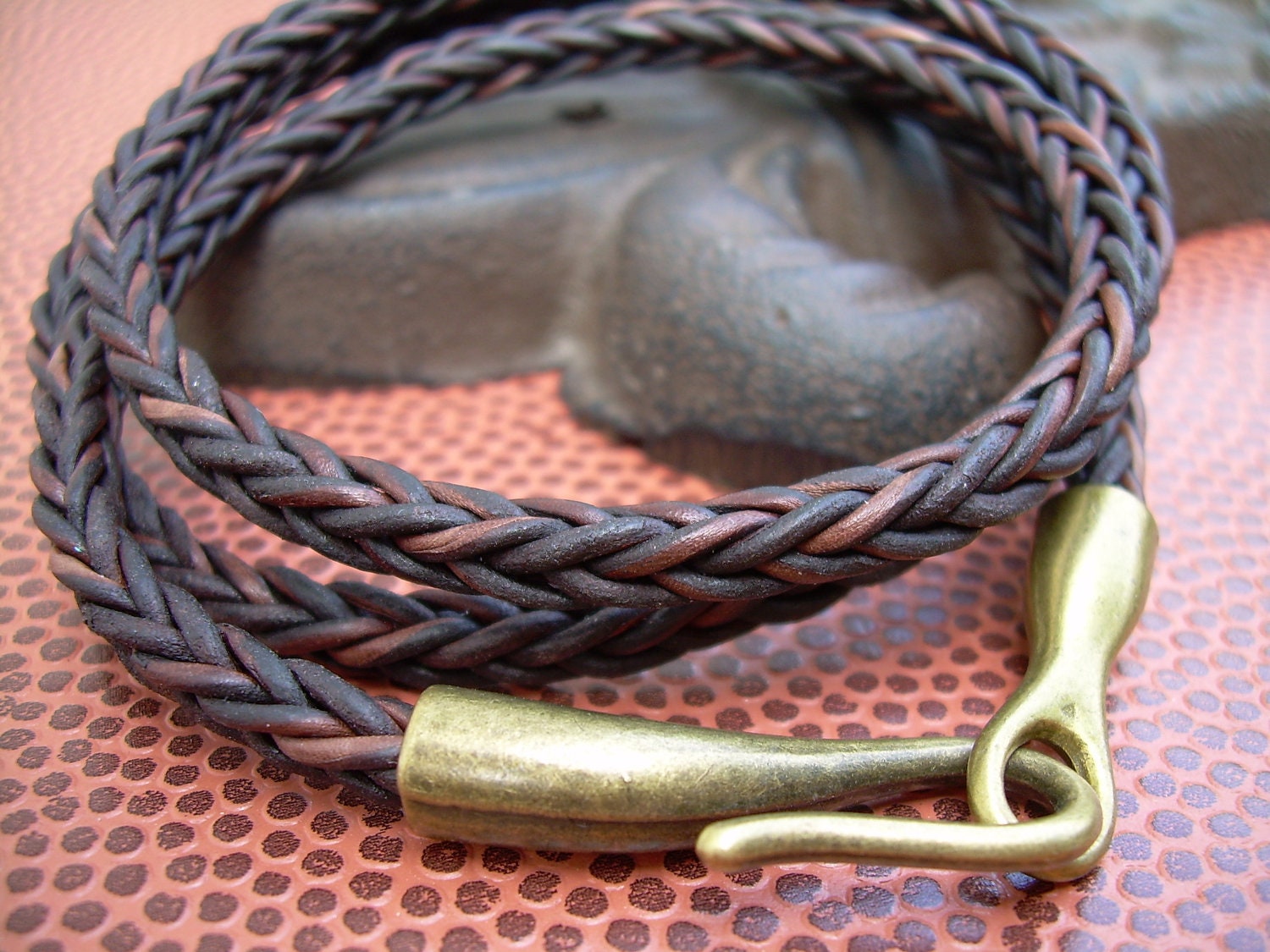 Unisex Mens Womens - Triple Wrap - Premium Leather Bracelet - Natural Antique Brown -  Antique Bronze Hook Closure Clasp