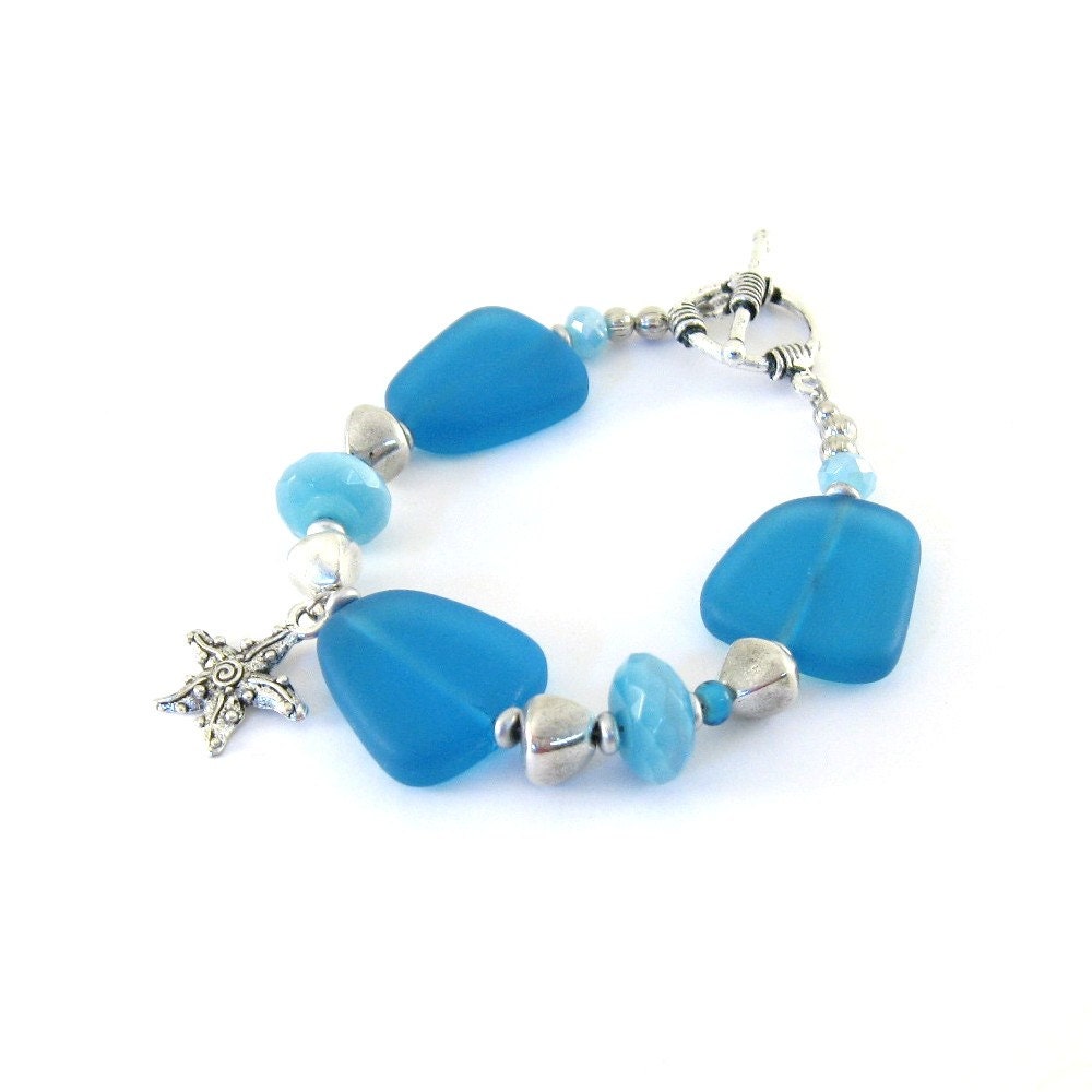 Blue Sea Glass Bracelet Royal Blue Cat Eye Silver Starfish Silver Beaded Bracelet