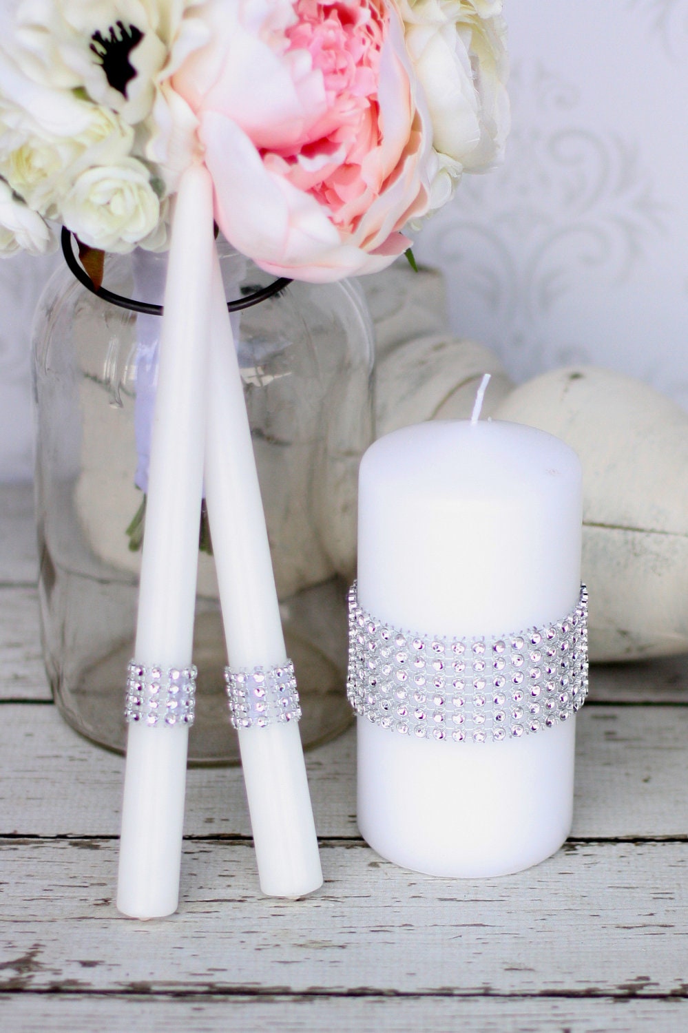 Wedding Unity Candle Set Rhinestones Shabby Chic Decor