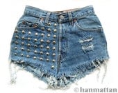 ALL SIZES "BOLT" Vintage Levi high-waisted denim shorts blue distressed frayed jeans studded