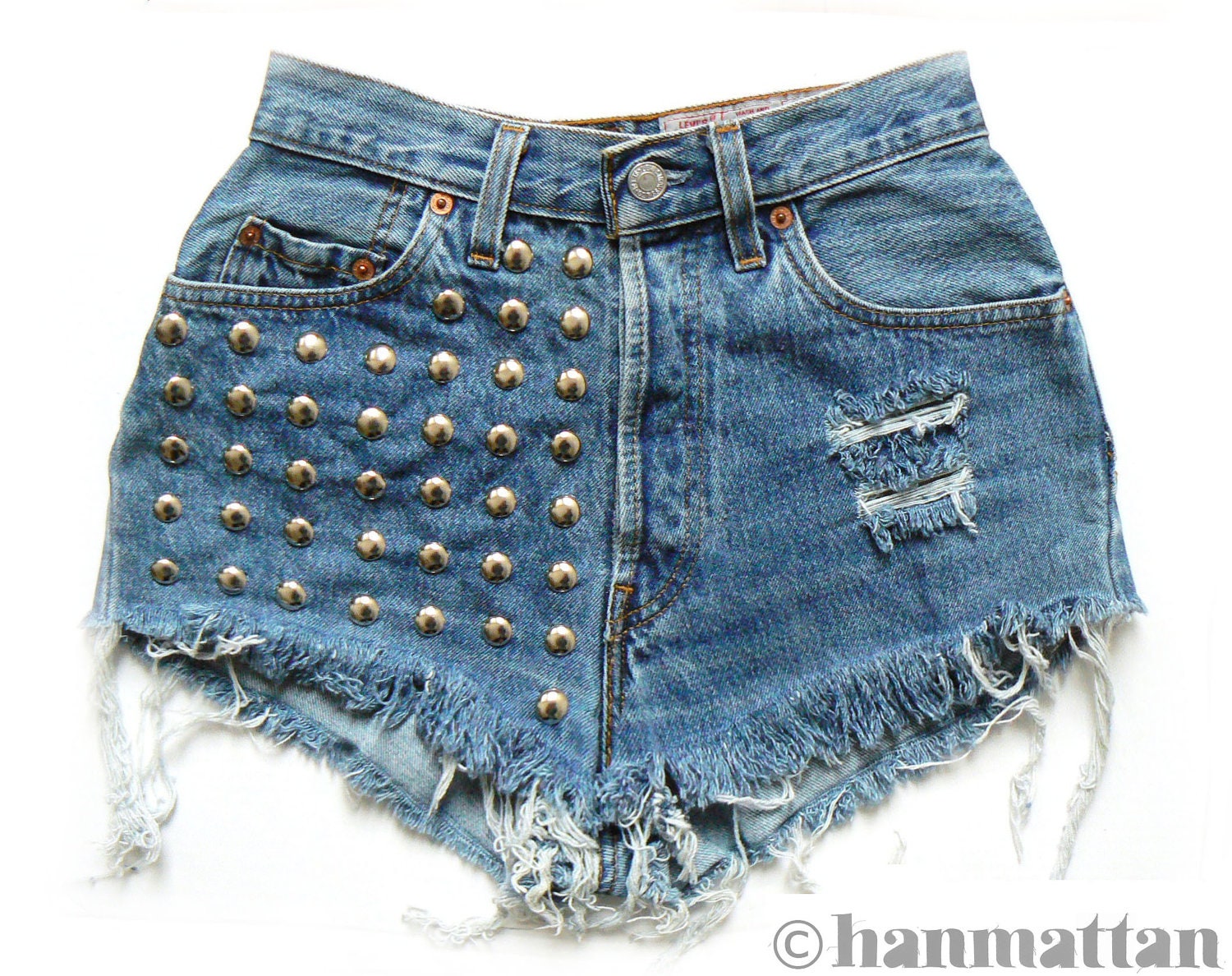 ALL SIZES "BOLT" Vintage Levi high-waisted denim shorts blue distressed frayed jeans studded