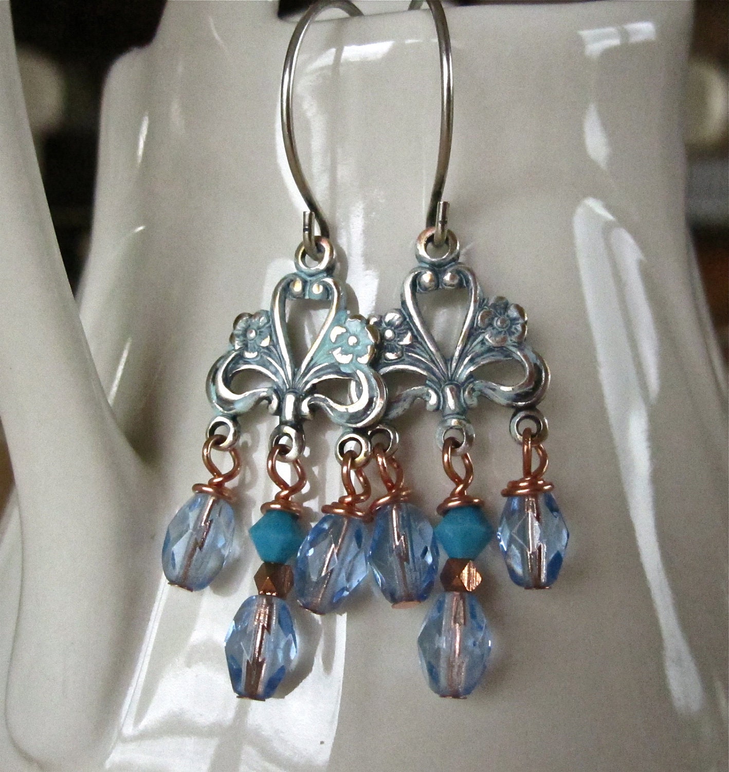 Silver Chandelier Earrings with Powder Blue Czech Glass