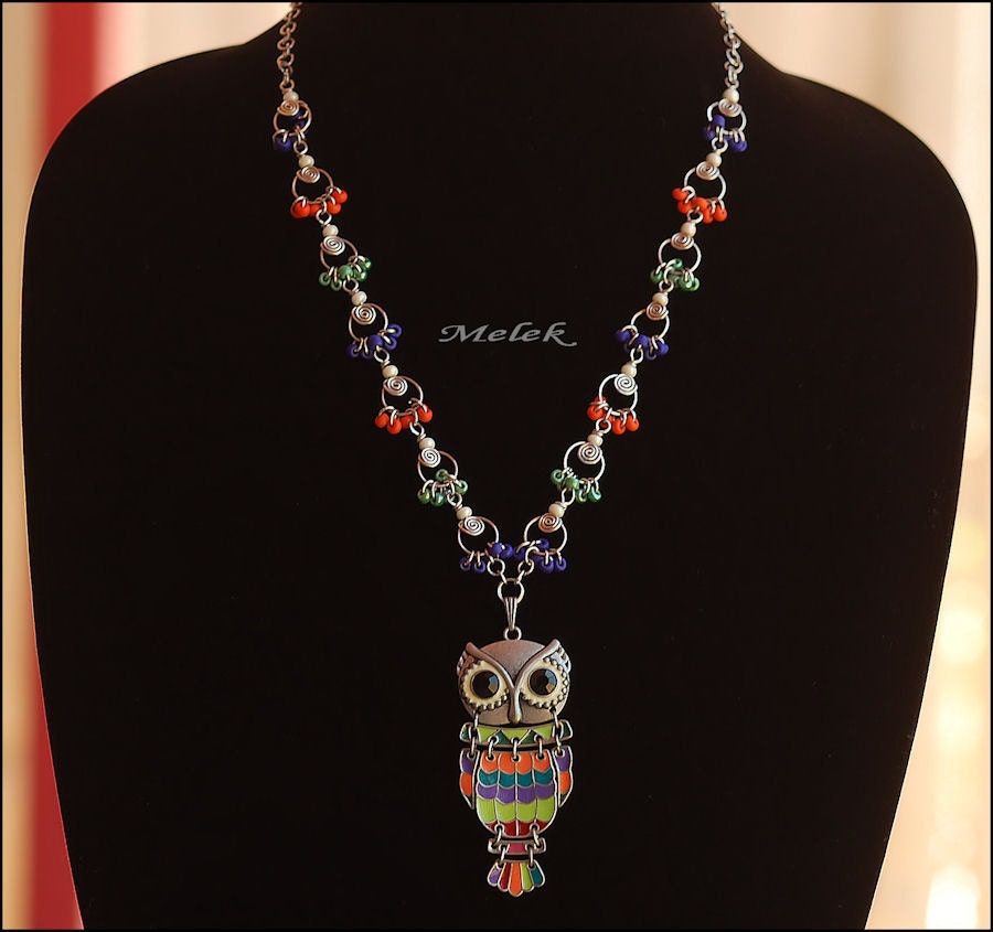 Colorful Owl Pendant Gypsy Necklace