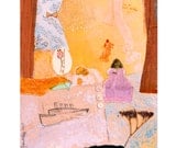 Art Original Collage modern wall art deco 11x14 painting mixed media on cradled panel turquoise pink orange, beige, green