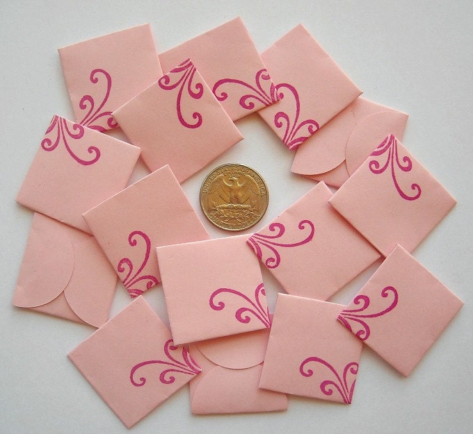 Romantic SWIRLS- Sixteen Tiny Handmade ENVELOPES in soft colors- (Set AA) Pinks- For Weddings, love notes, tiny banners, Candies, etc.