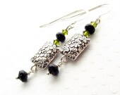 Silver bead earrings, green and black earrings, dangle earrings