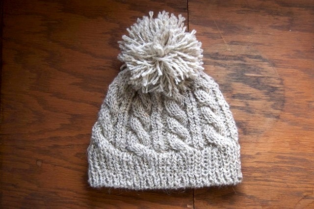 Kids Pom Pom Hat - Natural Oatmeal - Cable Texture Beanie - Child Size - WInter Fashion -Ready to Ship