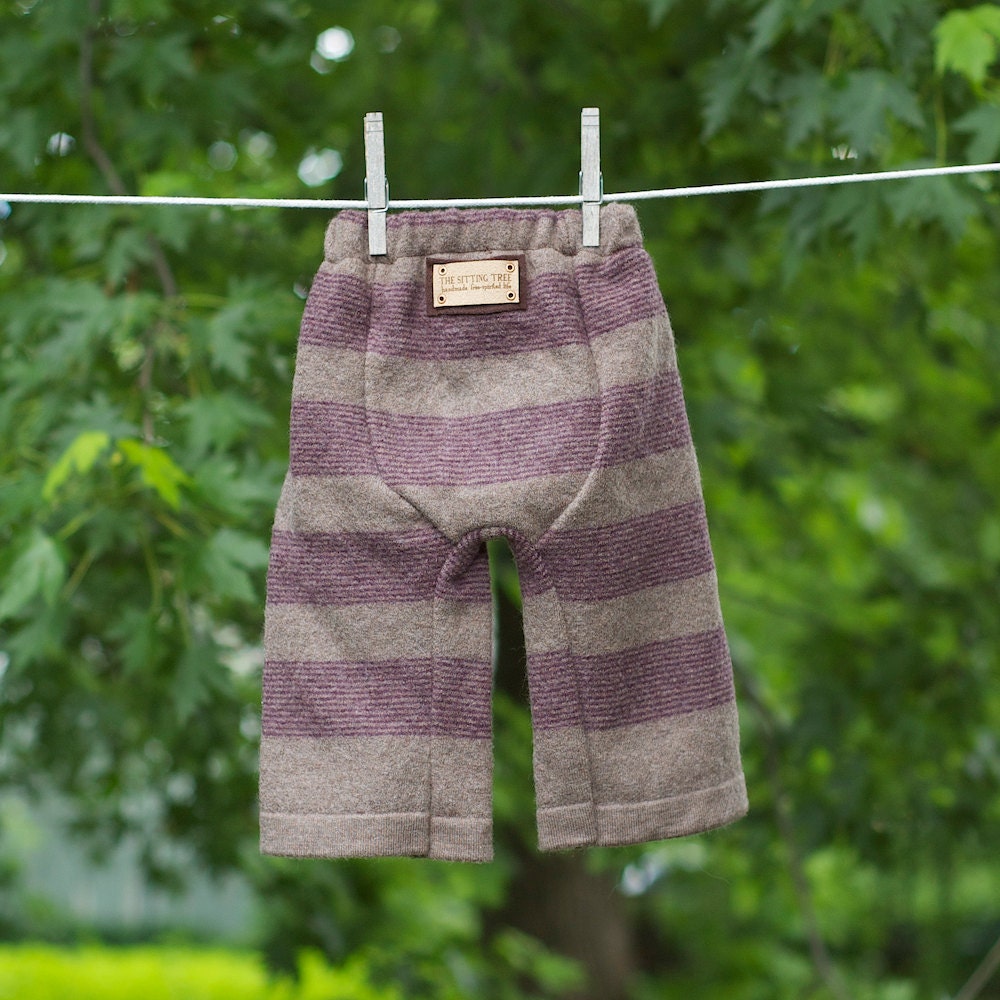 Upcycled Merino Wool Longies in Brown and Burgundy Stripes  Diaper Cover  Cloth Diaper Soaker   SMALL 3-6 Months