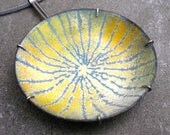 Enamel and Sterling Silver Pendant -  Big, Sgraffito Mustard Yellow, Charcoal Grey and White