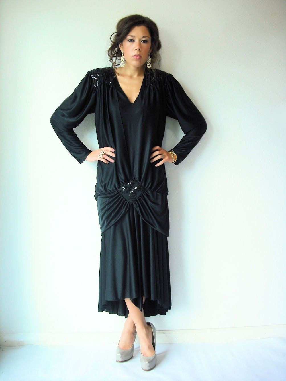 80's Vintage Black Sequin Draped Dress / Sequin Shoulders / Fishtail Hem / Maxi Gown