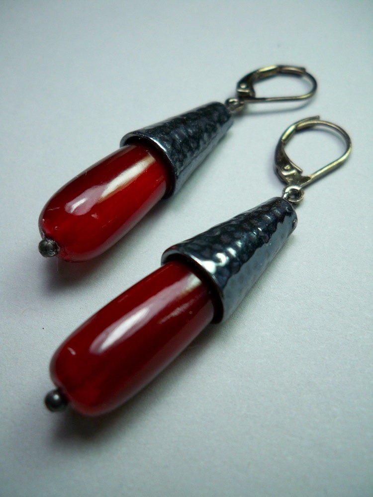 Red Horn and Gunmetal Drop Earrings