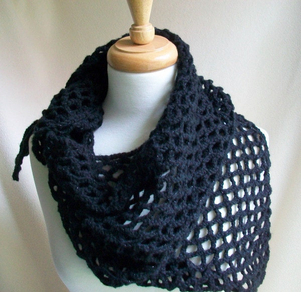 Shawl Black Triangle Lacy Mesh Shimmery Yarn  Shoulder Wrap Scarf  Triangle Shape