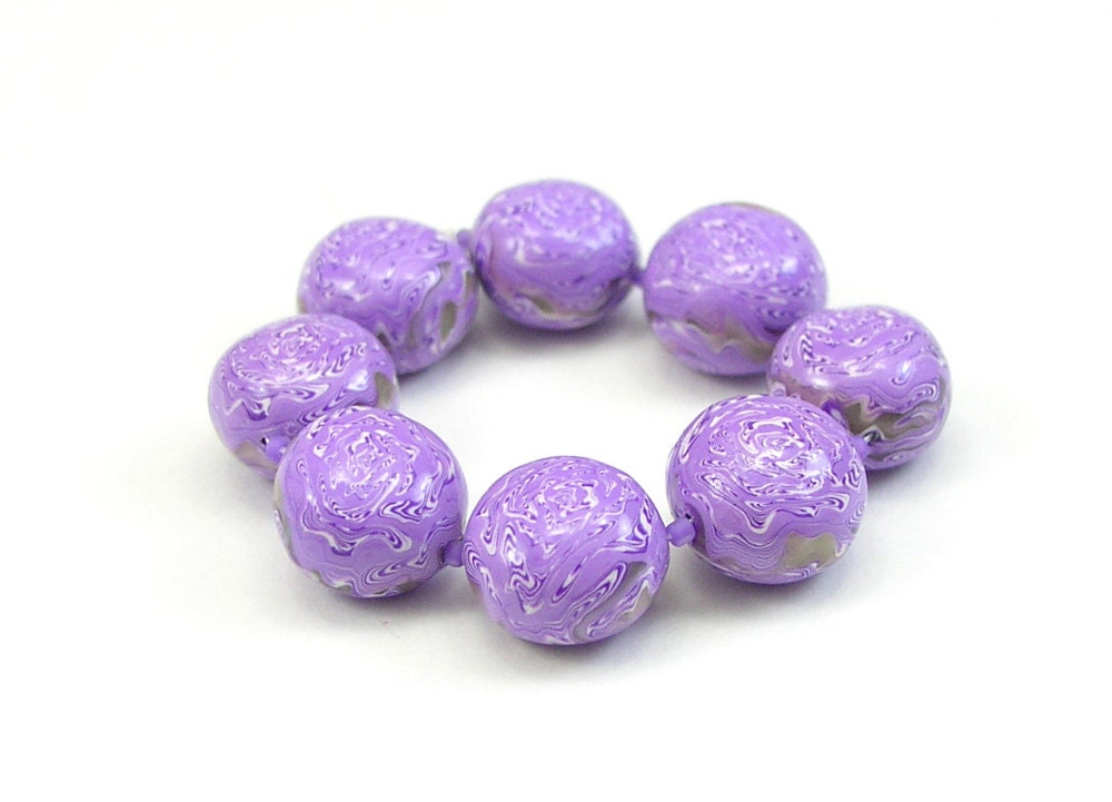 Polymer Clay Beads, Lavender Swirl with White, Rondelles, Handmade