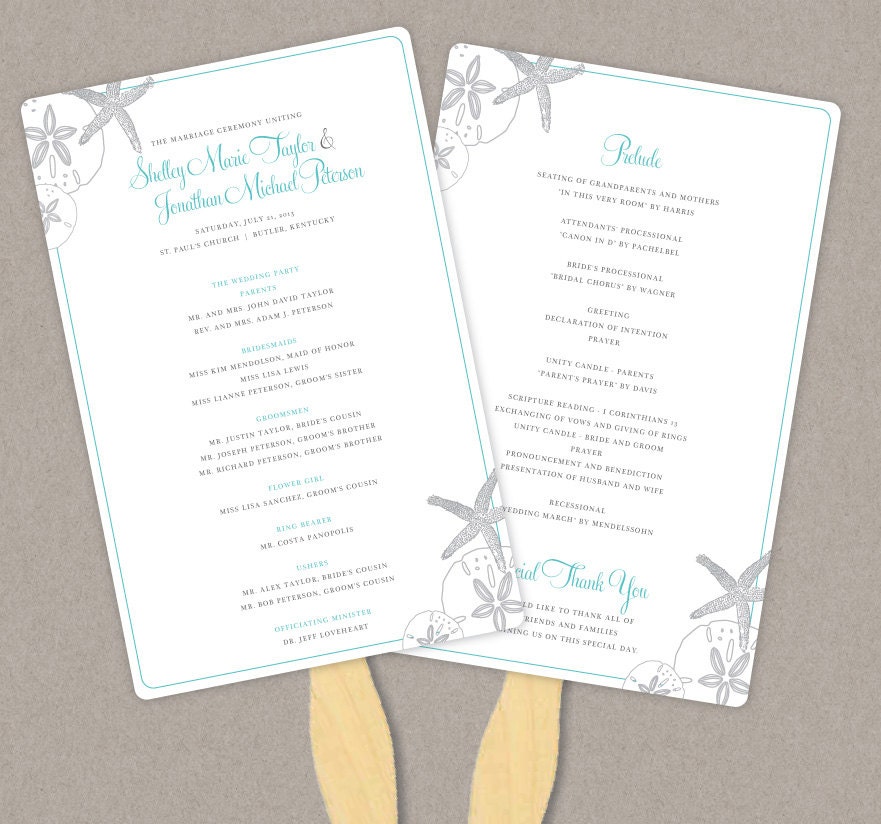 DIY Custom Wedding Program Fan - Starfish and Sand Dollars Customized Printable PDF
