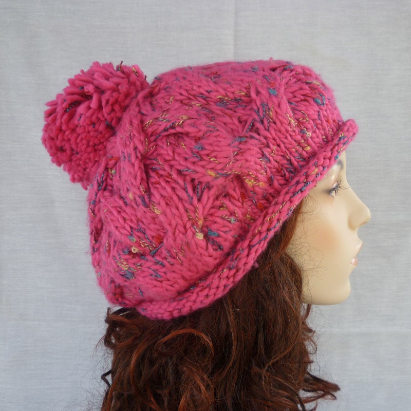 Hand Knit Women Hat with Pom-pom-Cable Beret/tam/slouchy/cloche/tweed chunky yarn in hot pink