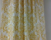 Pair of lined curtains drapes panels, 50 X 108 inches, yellow on bright white damask,