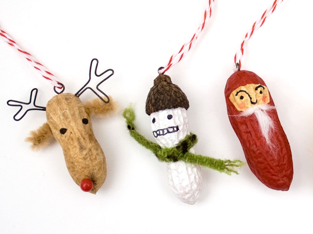 3 Holiday Ornaments - funny painted peanuts