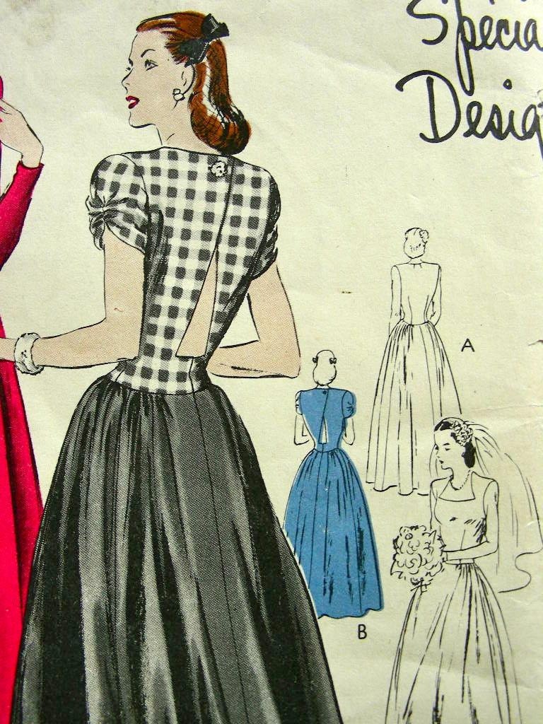Vintage 40's Vogue Special Design Pattern S-4563 EVENING or BRIDAL Dress - Ff with Label - Bust 38