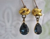 ETERNAL KNOT EARRINGS - vintage brass knot earrings with Swarovski montana blue glass jewels