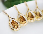 SET of 4 Bridal Earrings Bridesmaid Earrings cubic zirconia ear wires and Golden Shadow Swarovski Crystal Tear drops