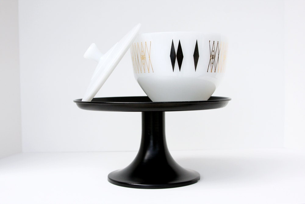 Mid Century Modern Federal Bowl with Lid // Black and Gold Diamond // Milk Glass