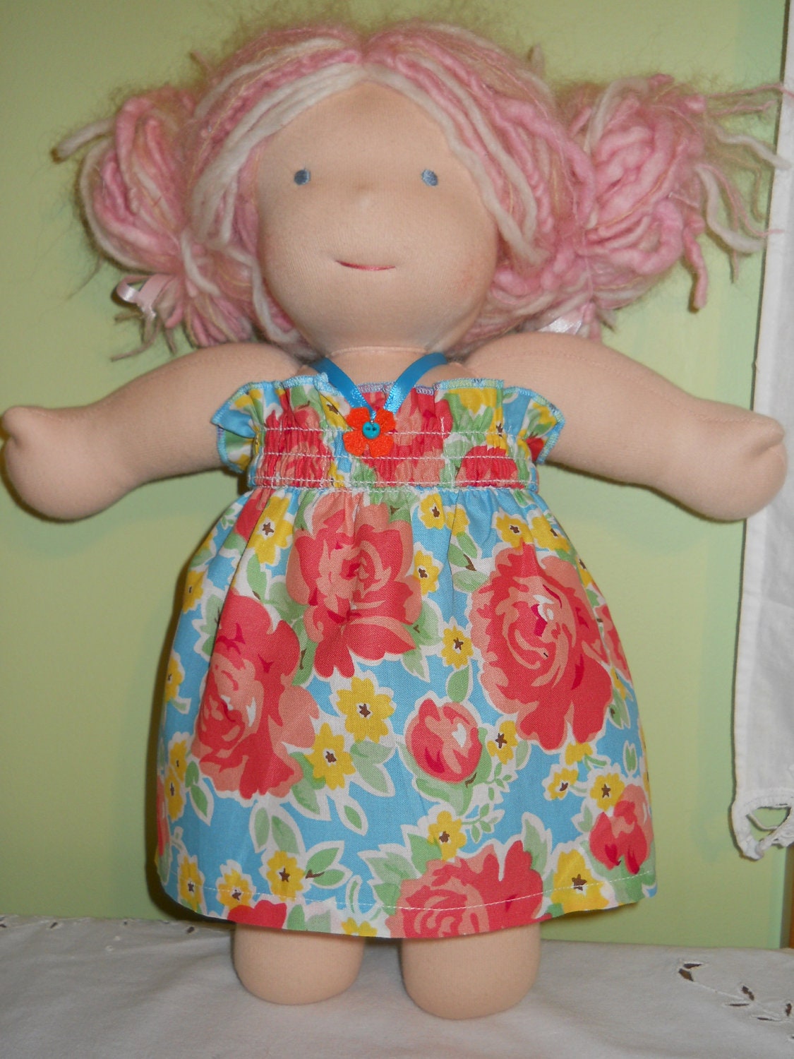 Pretty Pink and Blue Floral Halter Dress - Waldorf Doll Clothes - 15 Inch Bambo Size