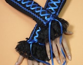 Gothic Aristocrat Armwarmers Black and Blue, Carnival, Halloween Costume Gloves, Tribal Belly Dance, Burlesque, Corset Laced Up, Vampire - estylissimo