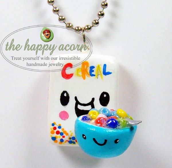 Kawaii Necklace HAPPY CEREAL and BOWL - Polymer Clay Charm Miniature Food Jewelry - Handmade by The Happy Acorn