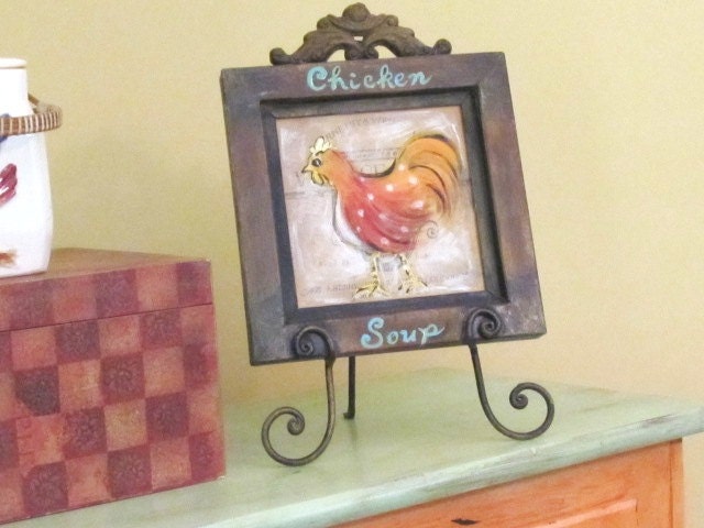 Folk Art  Painting on Art Board and Metal Frame  (Chicken Soup) Handmade