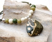 Rustic Jasper Pendant Leather Cord Necklace, Olive Green Mustard Cream Beads Sterling Silver